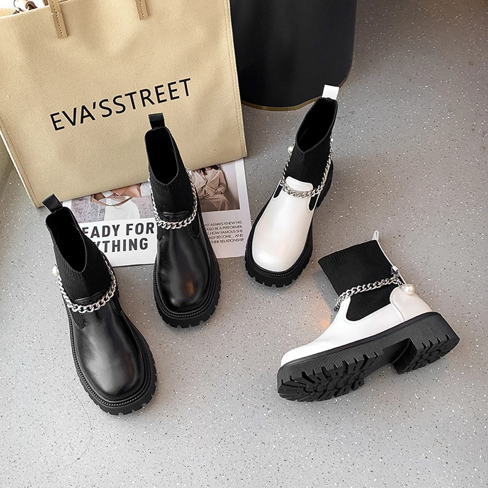 Knitted socks boots women's 2023 autumn new chain mid-tube elastic boots women's thick heel thick sole thin ankle boots ins tide