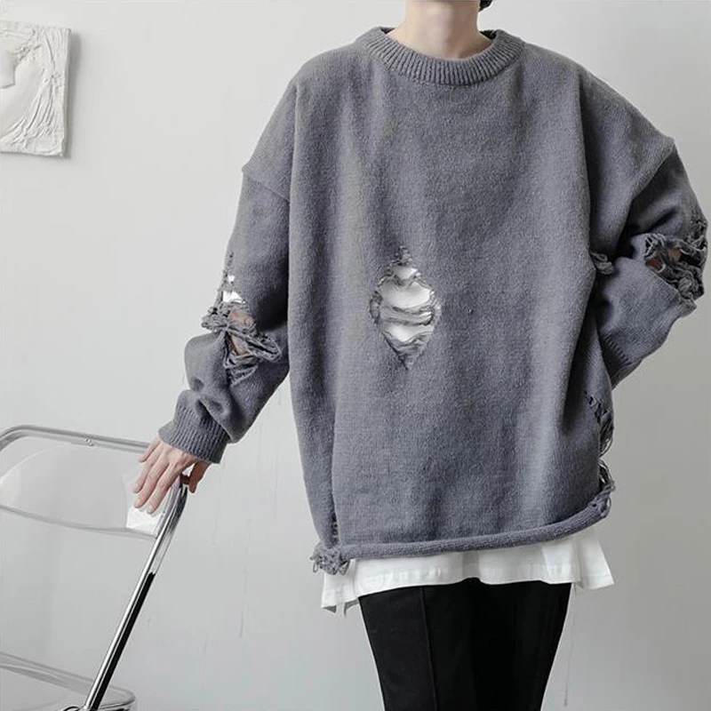 Solid Color Broken Hole  Men's Autumn and Winter High Cold Wind  Grade Round Neck Sweater Fried Street Coat Premium