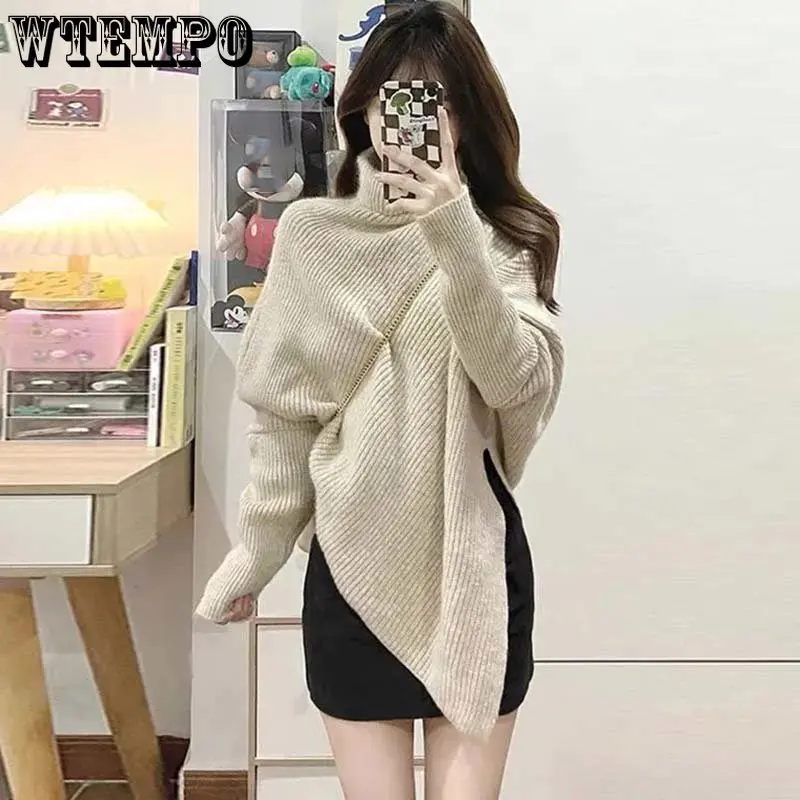 

Irregular Split Turtleneck Women Sweater Keep Warm Vintage English Style Knitted Pullover Loose Long Sleeve Top Korean Fashion