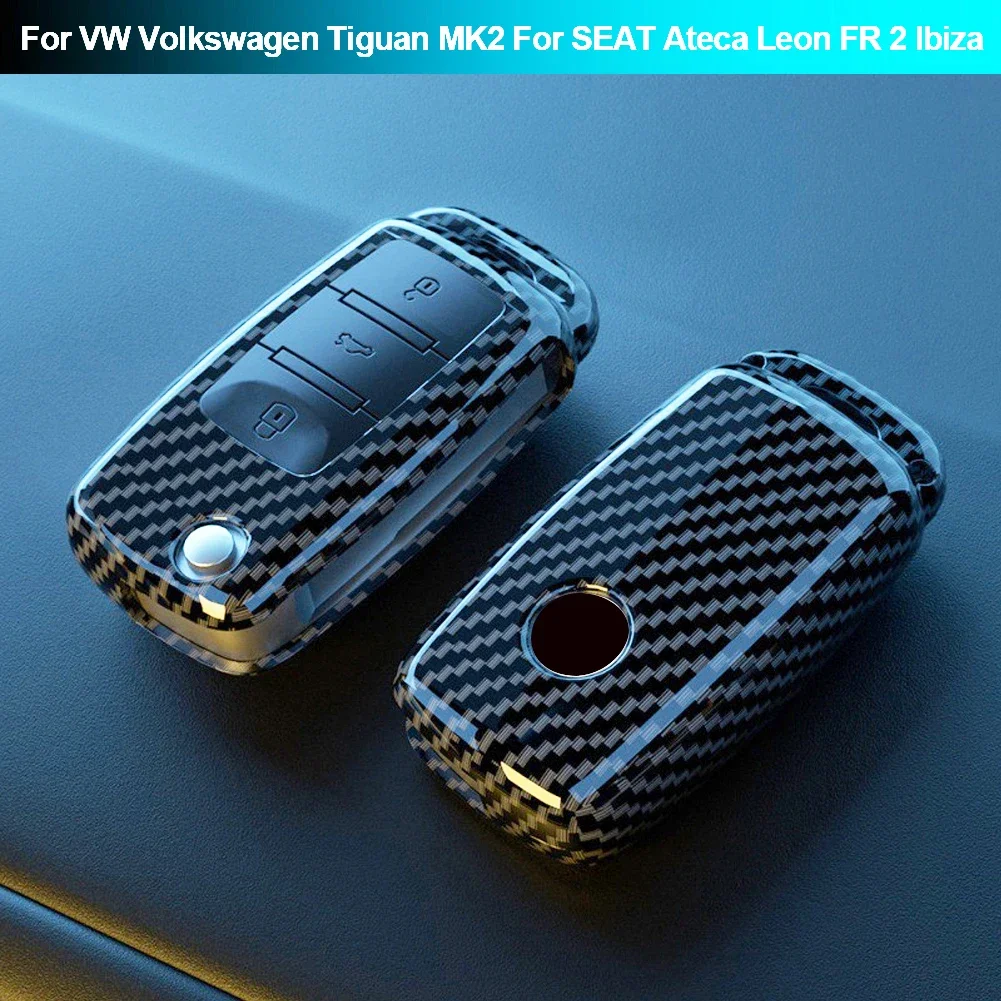 Фото Чехол для автомобильного ключа с 3 кнопками из АБС-пластика под карбон, защитный брелок для VW Volkswagen Tiguan L MK2, SEAT Ateca Leon FR 2 Ibi, 2026 год №1