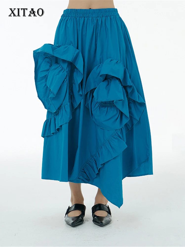 

XITAO Ruffle Skirt Solid Color Pleated Irregular Elastic Waist Goddess Fan Casual 2022 Summer Minority Loose Skirt WMD4612