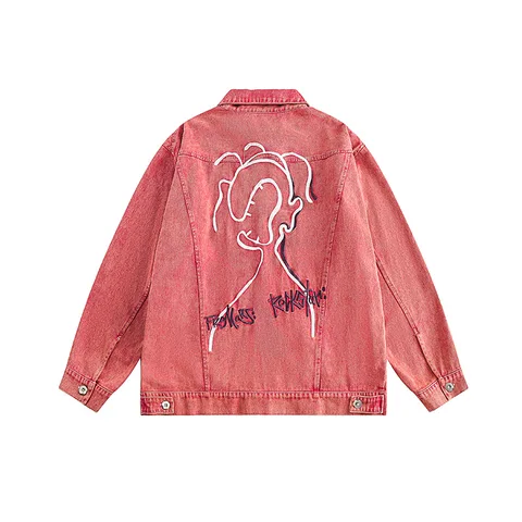 Забавная розовая джинсовая куртка для мужчин и женщин, уличная одежда в стиле хип-хоп, свободная джинсовая куртка с вышивкой, осень 2023, куртка, пальто