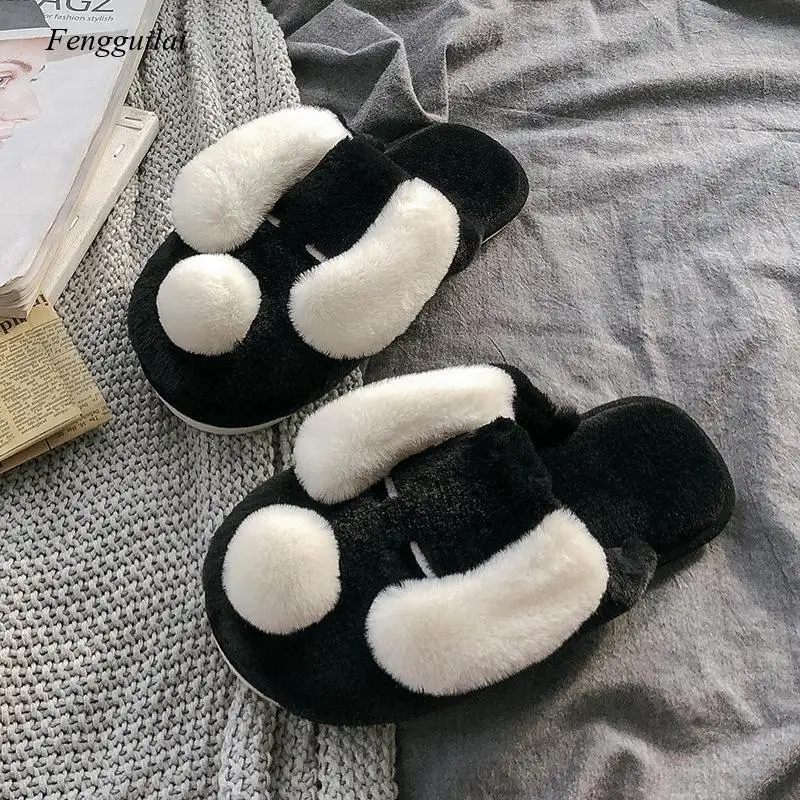 Winter House Fur Slippers Warm Cotton Shoes Cute Lovely Cartoon Dog Indoor Bedroom Women Men Ladies Lovers Couple Furry Slippers
