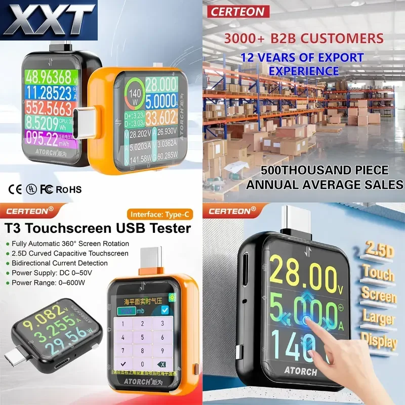 Фото Измеритель мощности XXT T3 USB C, 600 Вт, DC 0-50 В, тестер напряжения и тока Type-C, двунаправленный тестер PD с сенсорным экраном №1