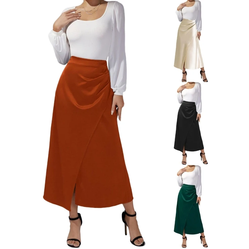

Women Satins Skily Split Ruched High Waist Bodycon Maxi Skirt with Fishtail