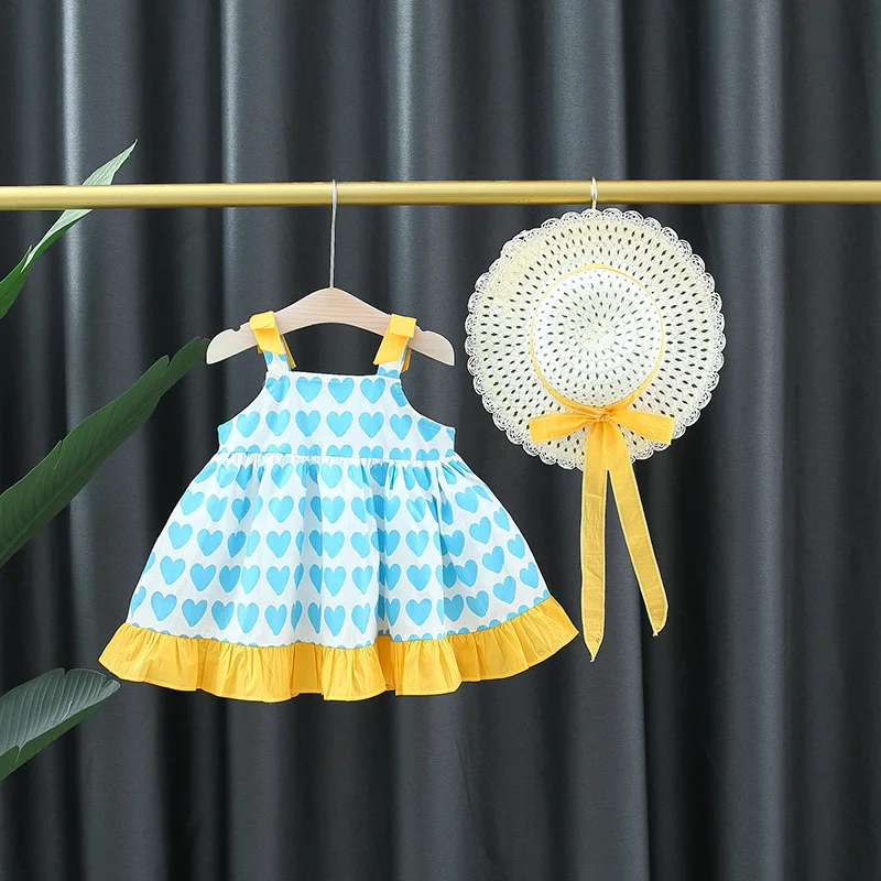

Летняя одежда для новорожденных девочек, платье, модное платье для младенцев в Корейском стиле с милыми подтяжками в форме сердца + Солнцеза...
