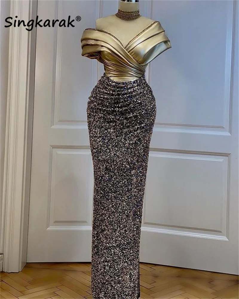 

Sparkly African Mermaid Evening Dresses Off Shoulder Nigerian Glitter Sequins Beads Wedding Party Prom Dresses Robe De Soiree