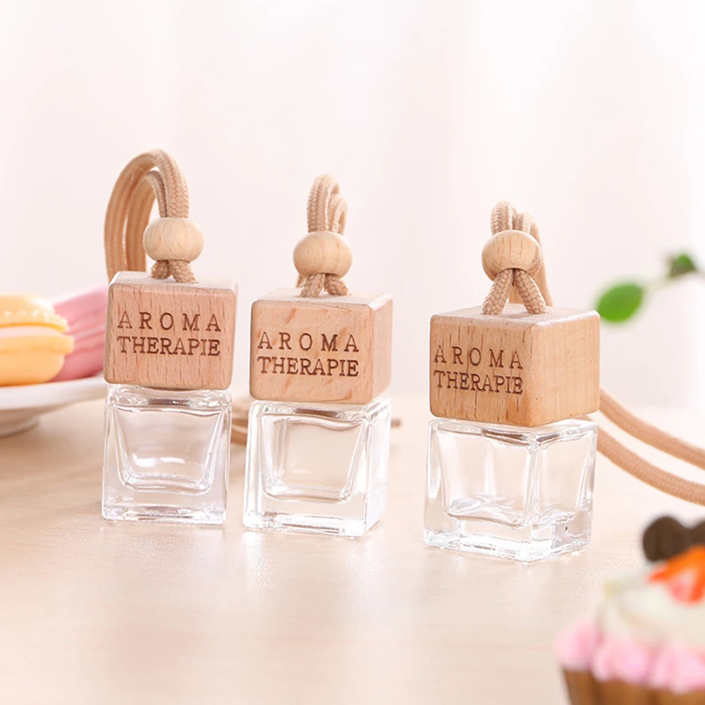 

6ml Empty Pendant Auto Perfume Frosted Mini Perfume Bottles With Wood Lid Frosted Glass Bottle Essential Oil Container Portable