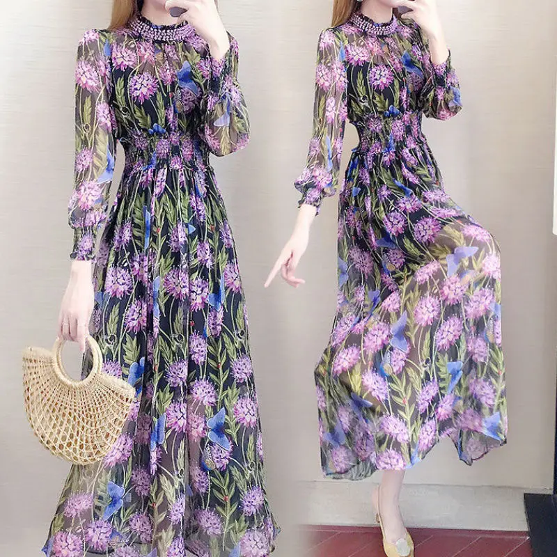 

Printing Sweet Floral Dress Women Fashion Elegant Big Size Party Dress Ladies Spring Chiffon Long Sleeve Beach Dresses Robe E250
