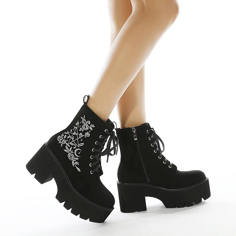Fashion Flower Platform Boots Big size Chunky Punk Suede Leather Womens Gothic Shoes Nightclub Lace Up Back Zipper High Quality