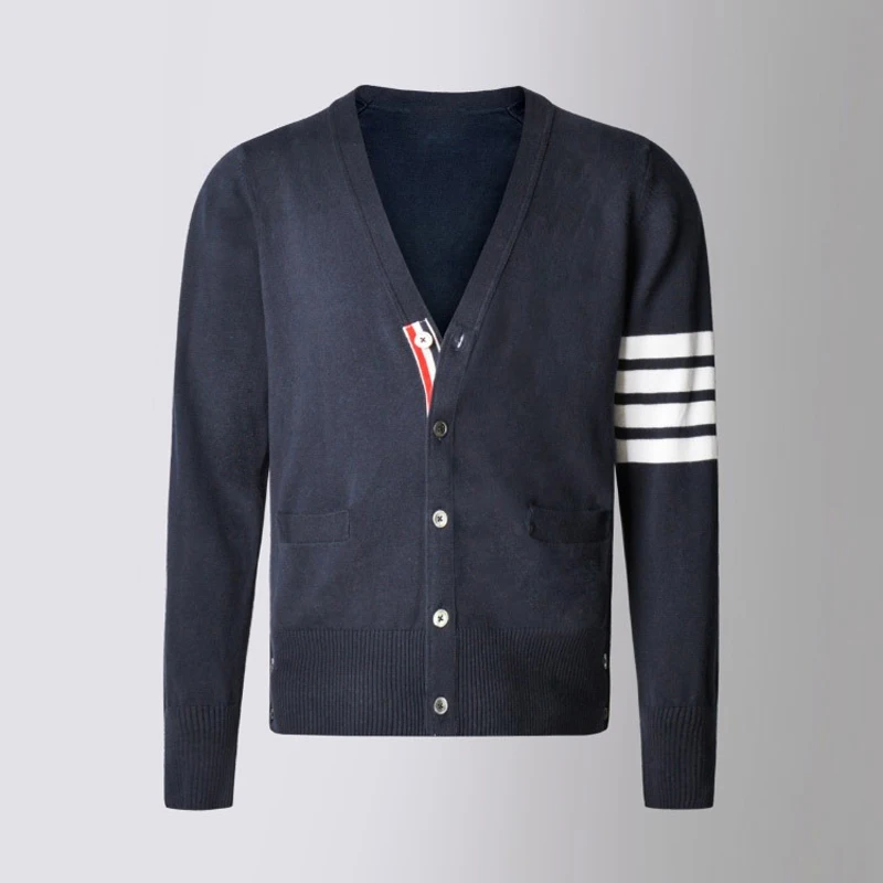 

Мужской трикотажный кардиган в полоску TB THOM, Повседневный свитер с V-образным вырезом в стиле Харадзюку, весна-осень