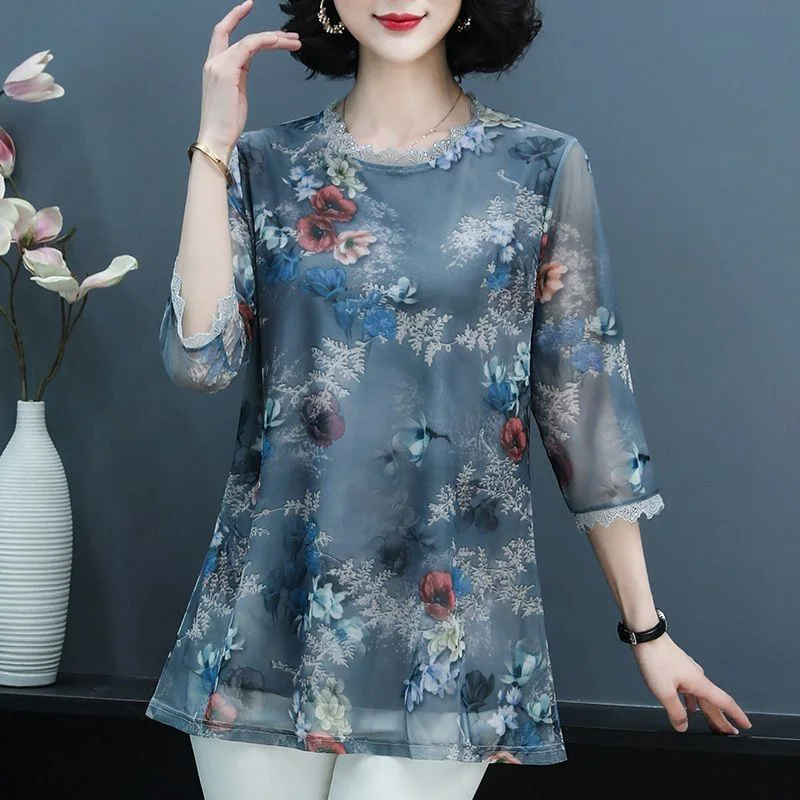 

Elegant O-Neck Printed Spliced Gauze Lace Ruffles Blouse Women Clothing 2023 Summer New Casual Pullovers Loose Office Lady Shirt