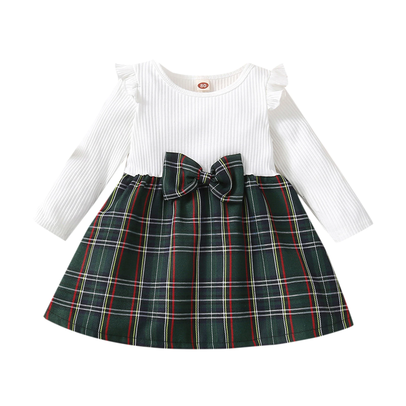 Купи 2022 Baby Girls Dress Lovely Long Sleeve Round Neck Ruffle Shoulder Bowknot Pleated Plaid Dress Spring Autumn Casual Clothing за 617 рублей в магазине AliExpress