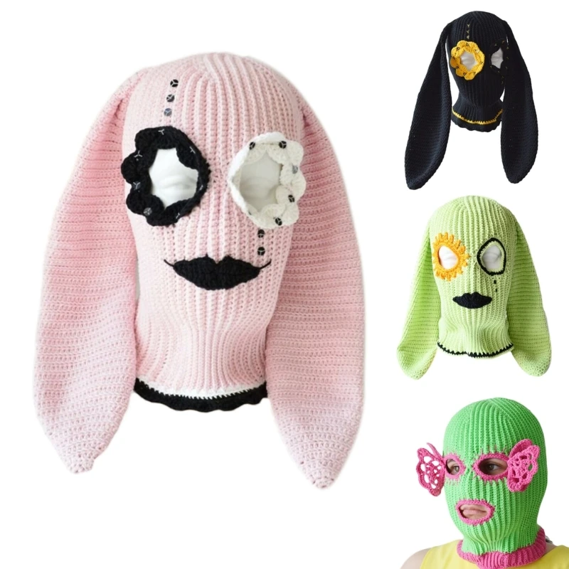 

Fun Bunny Balaclava Men Costume Hats Halloween Gift Warm Soft Crocheted Hat Balaclava Hat Halloween Photo Props Drop Shipping