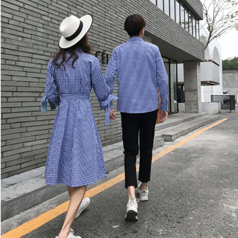 

Casual Blue Striped Sleeve Temperament Women's Dress Shirt Couple Dress Spring And Summer