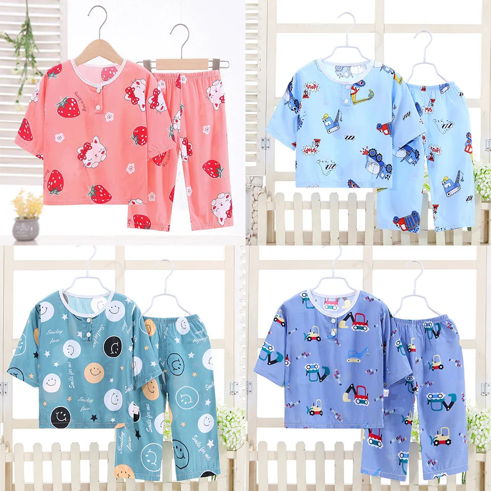 

Пижамный комплект из хлопка и поплина для девочек и мальчиков, одежда для сна с принтом динозавра, летние шорты с коротким рукавом для малыш...