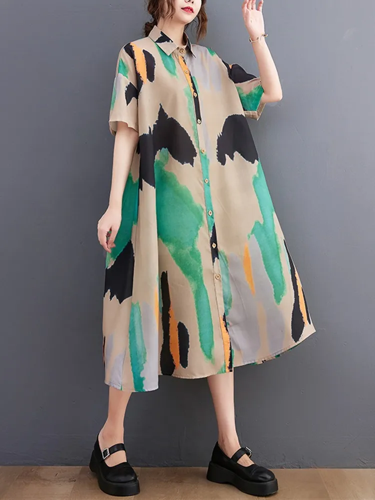 

Korean Oversized Short Sleeve Cotton Linen Vintage Dresses For Women Casual Laple Loose Maxi Long Summer Shirt Dress Women 2023