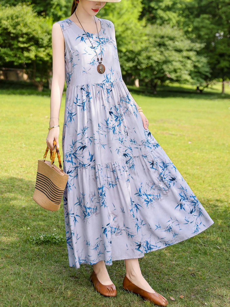 Новое модное повседневное летнее платье для женщин женское без рукавов с круглым