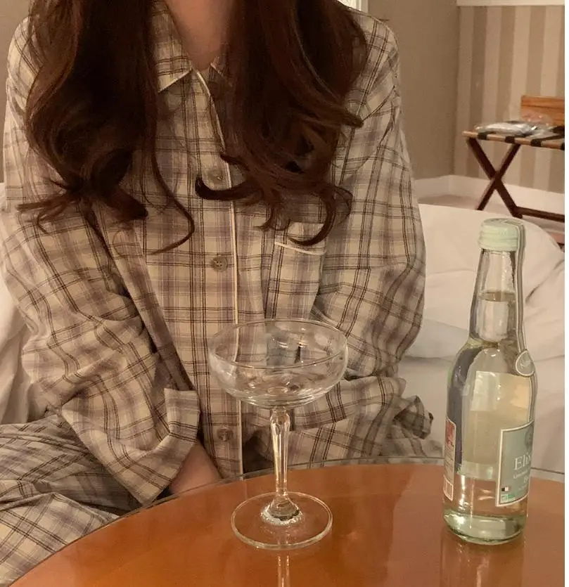 

Винтажный клетчатый осенний домашний костюм, женские однобортные рубашки + брюки, хлопковый Повседневный пижамный комплект из двух предмет...