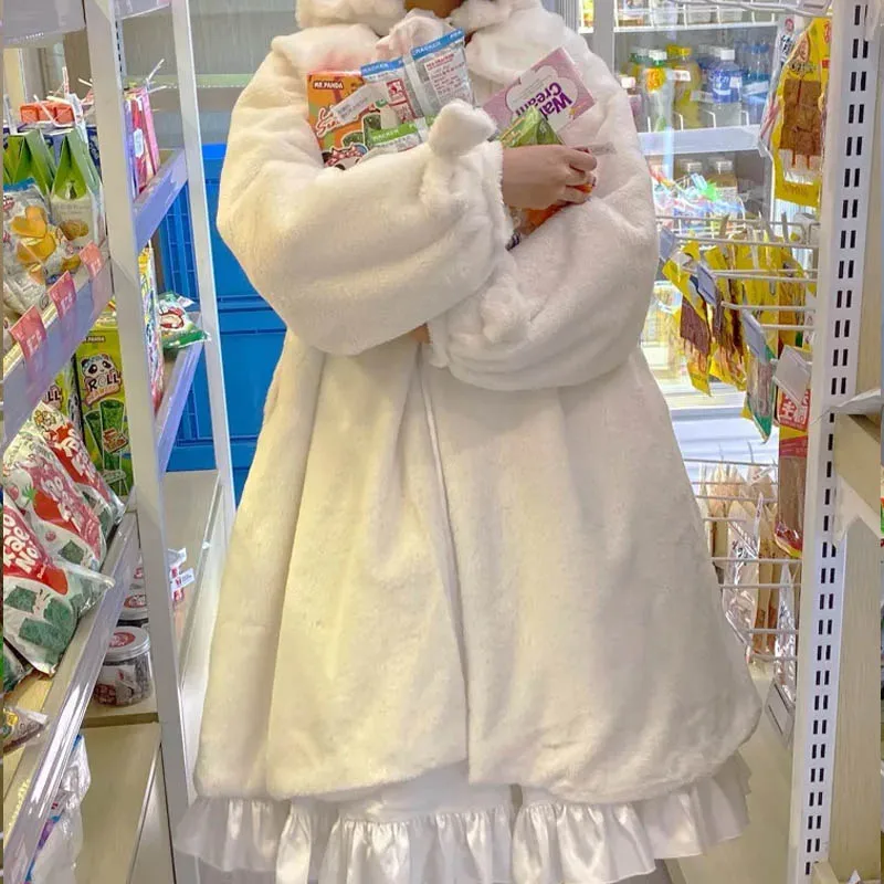 2023 Winter Japanese Lolita Coat WomenKawaii Faux Rabbit Furry Cute Padded Warm Fake Fur Coat Soft Sister Cute Plush Shawl Over