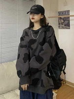 deeptown korean style cow print oversize pullover hoodies women harajuku grunge long sleeve sweatshirt female crewneck loose top