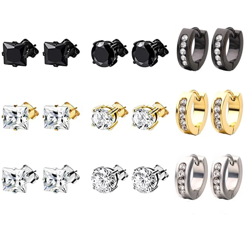 

9 Pairs of Popular Stainless Steel Earrings Set Hypoallergenic Earrings inlaid Square Round Zircon Ring Earrings