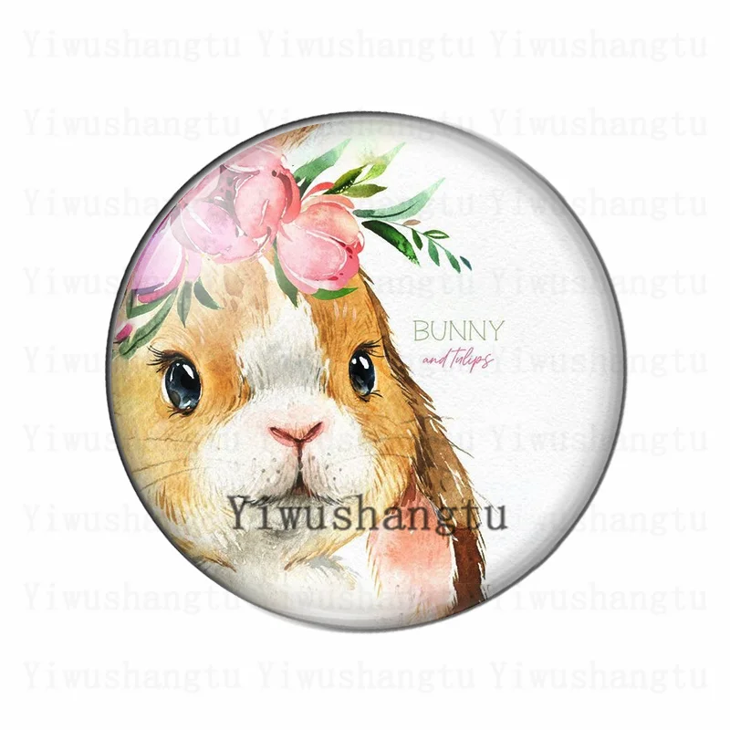Стеклянные фотокабошоны &quotГолова кролика с цветами&quot круглые 10 штук