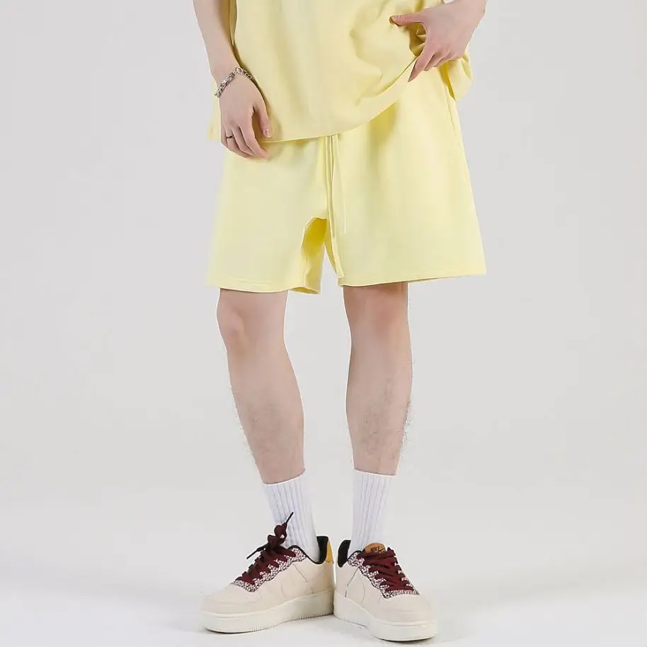 380g Mens Summer Mid Waist Cotton Shorts Solid Casual Drawstring Sports Short Pants Customized Embroidered Fashion Hot Shorts