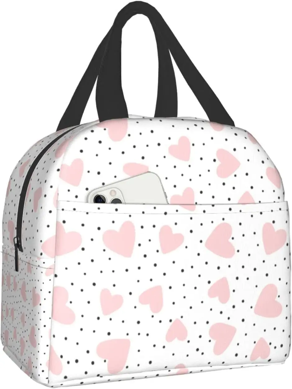 

Lunch Bag for Women Pink Heart Dot Thermal Lunch Box Reusable Insulated Lunch Bag Ladies Lunch Box for Camping School