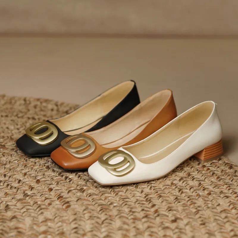 

Heymaestro New Loafers Women Genuine Cow Leather Flats Shoes Square Toe Metal Chain Slip On Ladies Top Quality Handmade Heels