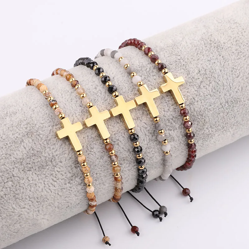 

New Fashion 3mm Faceted Natural Stone Stainless Steel Cross Charm Macrame Adjustable Bracelet Jewelry For Women