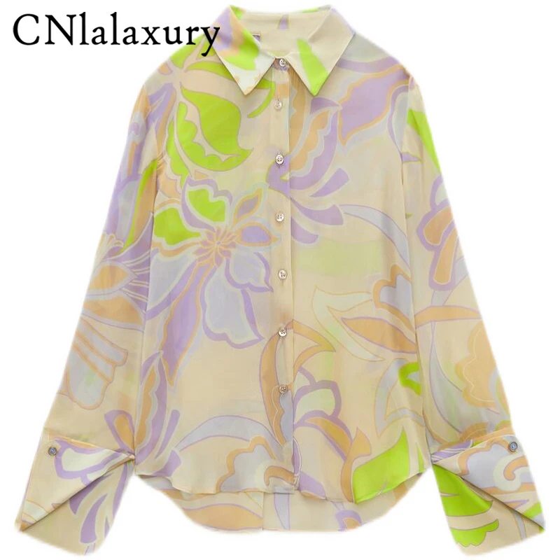 

CNlalaxury Women Fashion Printed Asymmetric Shirts Vintage Long Sleeve Button-up Female Blouses Blusas Chic Tops