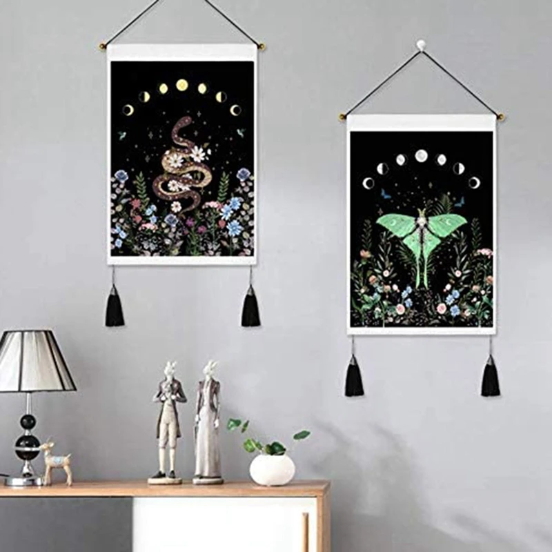Pack Of 2 Moon Phase Tapestry Flower Floral Moth Snake Black Background Wall Hanging