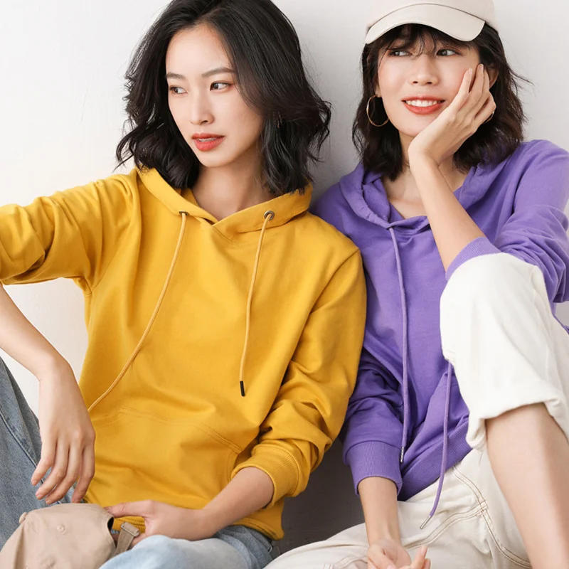 

Ladies Pure Cotton Hooded Sweater Spring Autumn Solid Color Loose Top Women's Casual Fashion Long Sleeve Sports Jacket