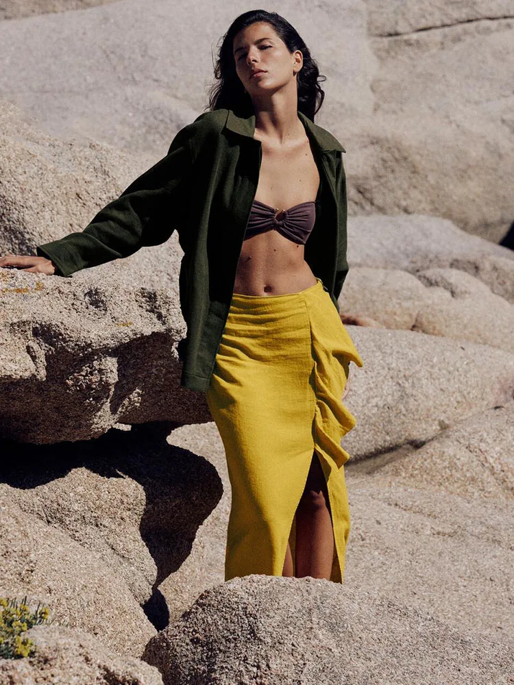 

2023 Women's Summer New Fashion Casual High Waist Skirt Casual Straight Linen Blend Layered Decorative Mid Length Skirt