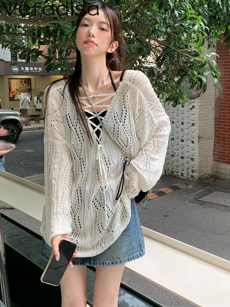 

Vefadisa White Hollow Drawstring Strap V-neck Sunscreen Knit Shirt Women 2023 Autumn New Thin Pullover Sweater ZXF285B