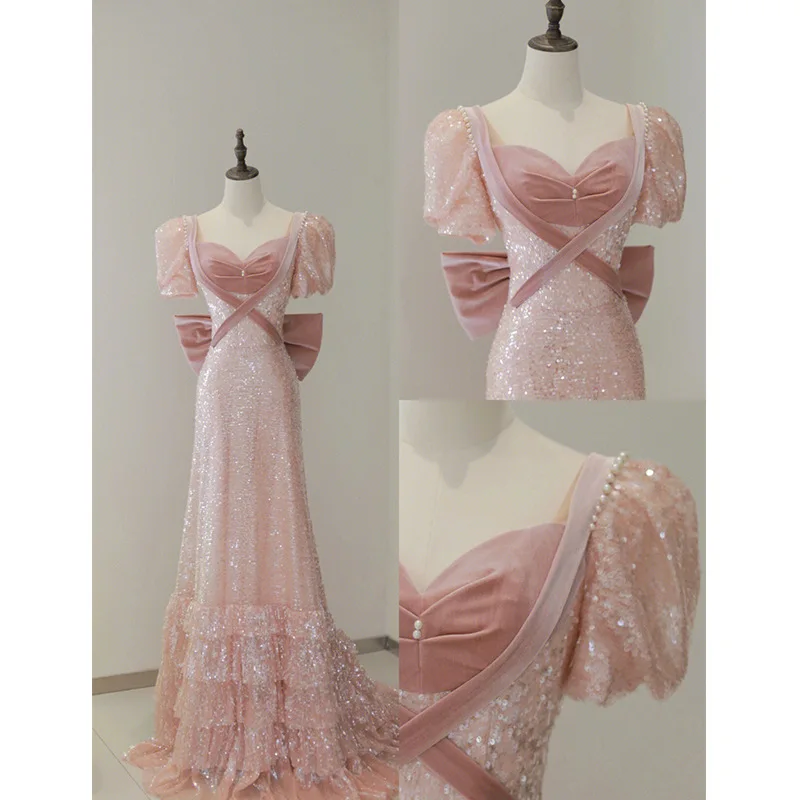 Princess Fairy Prom Dresses Bride Short Sleeve Wedding Elegant Pink Sparkly Exquisite Sequins Formal Party Gowns Vestido