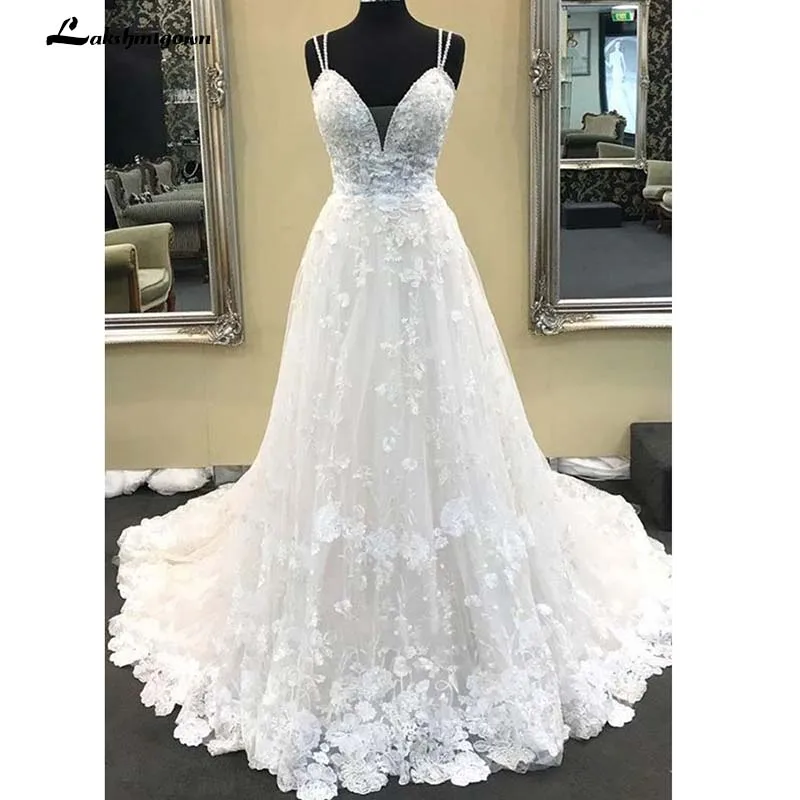

Elegant Spaghetti Straps Lace Wedding Dresses V Neck White Lace Long Wedding Dresses Applique Off White Tulle Mariage Long Brida