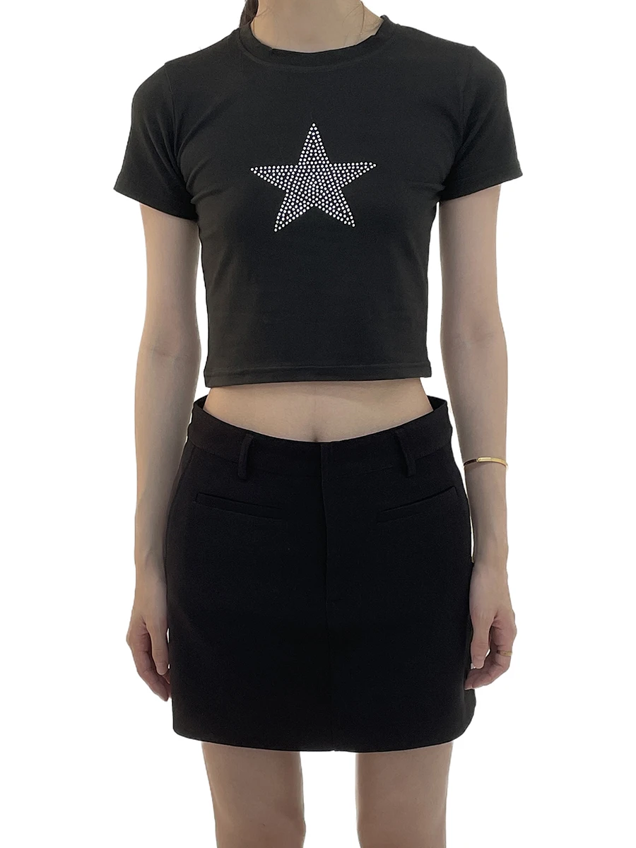 

Women s Summer Streetwear Crop Tops Rhinestone Star Print Short Sleeve T-shirt