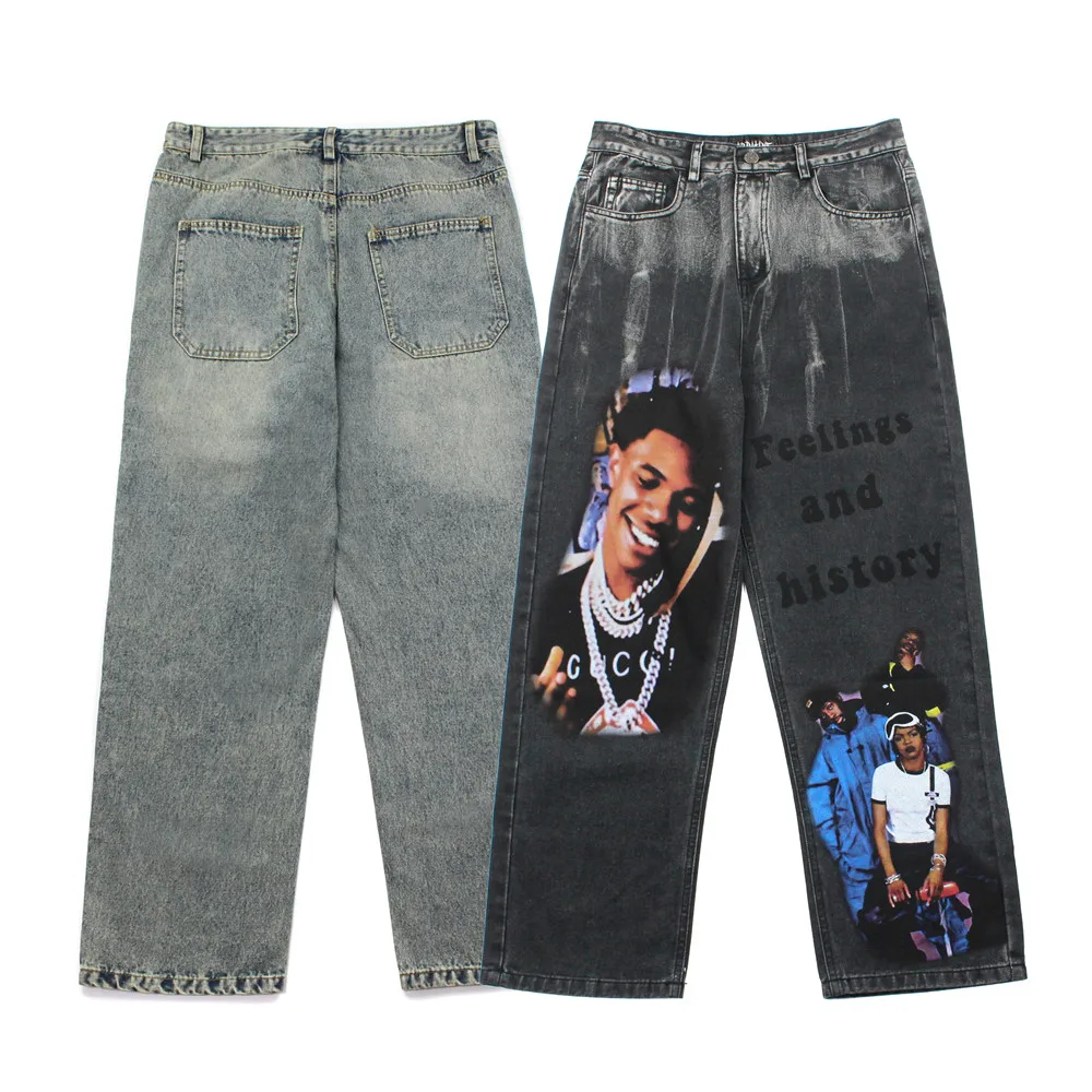 Men's spring and autumn new hot-selling trendy street hip-hop rock personality character print pattern straight jeans