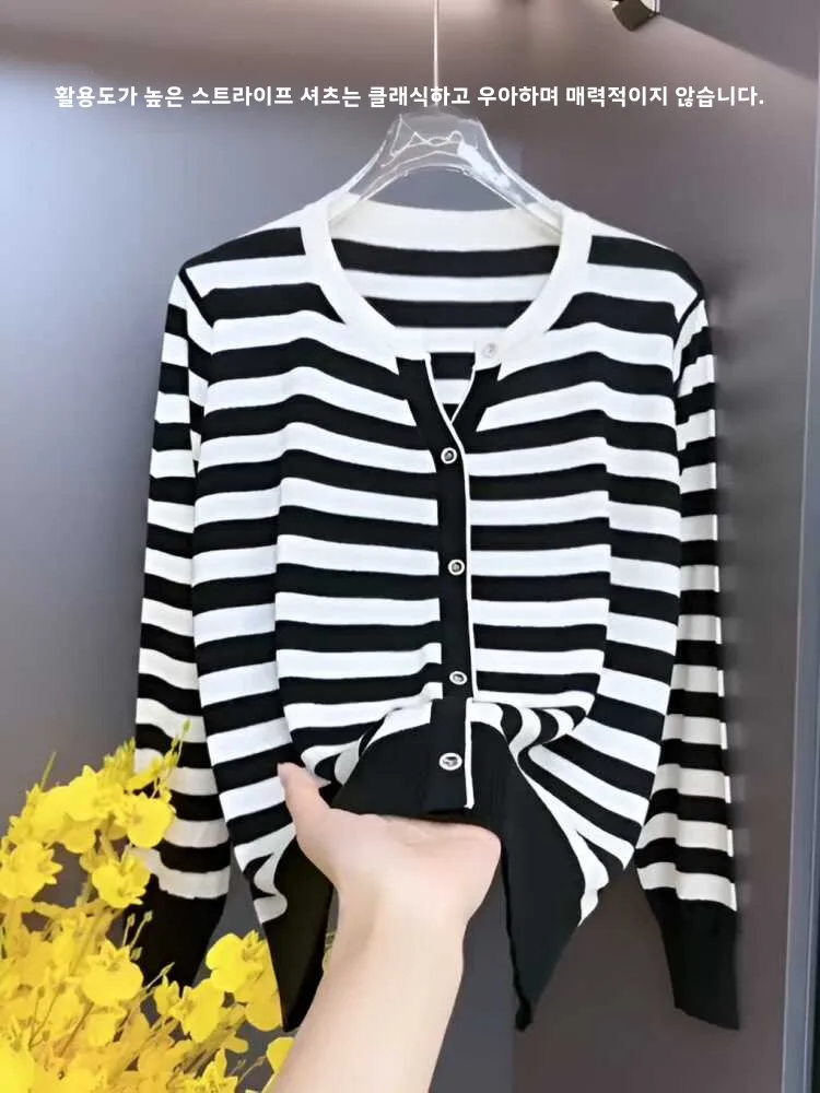 Вязаный кардиган в черно-белую полоску с v-образным вырезом для женщин новинка 2024