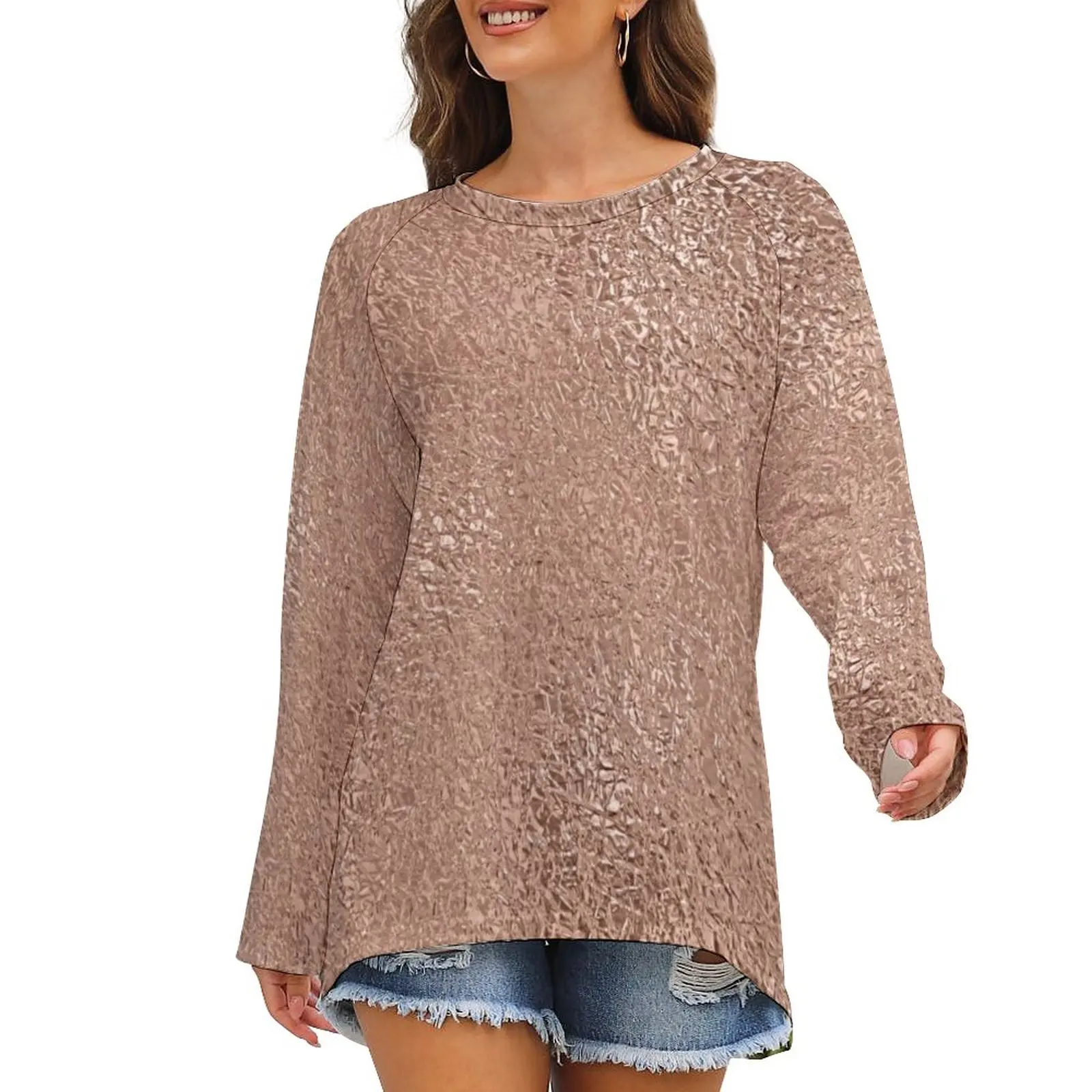 

Faux Metallic T Shirt Rose Gold Glitter Metal Print Simple Long Sleeve T-Shirts Womens Casual Tshirt Oversized Tops Gift Idea