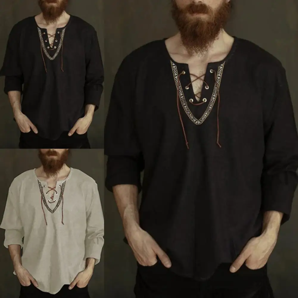 

Sleeve Thin Men's Shirts Casual Top Long Viking Pullover de Lace 2021 Front Breathable Fashion hombre shirt Up camisas Vintage