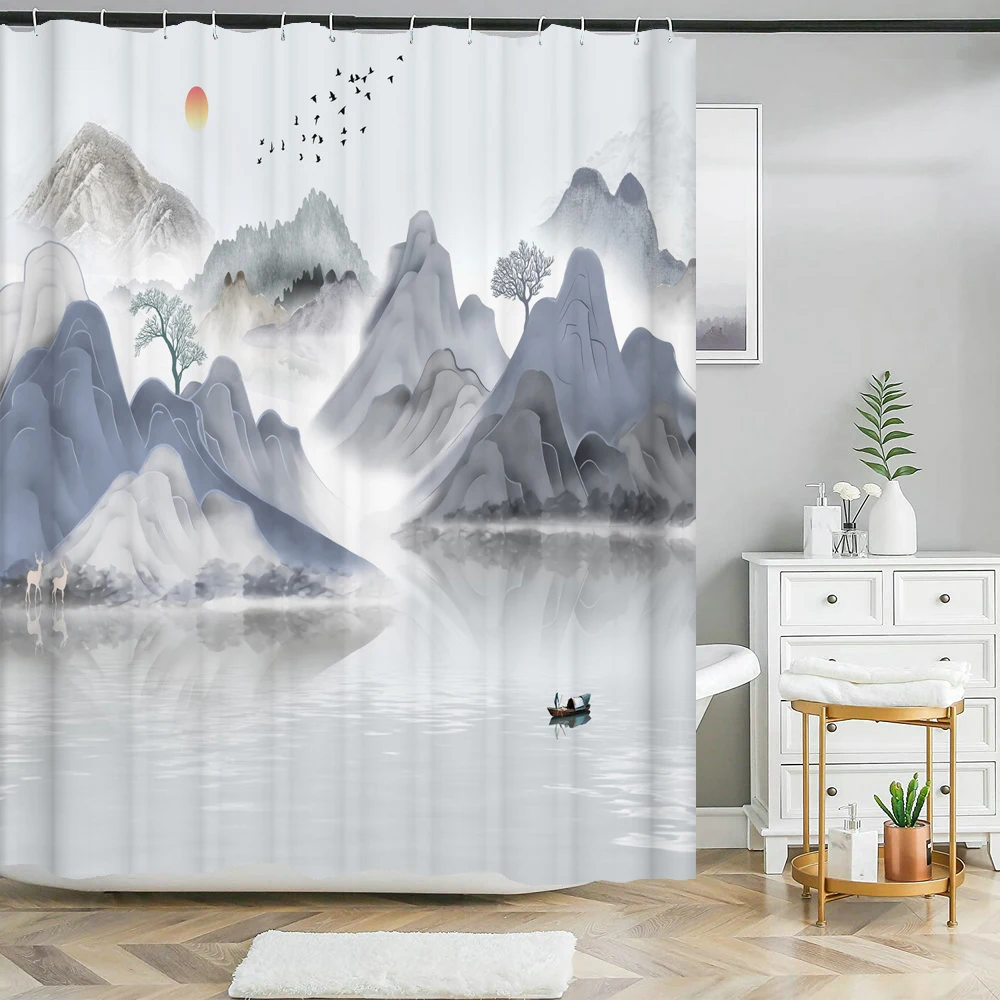 

Chinese ink landscape style Shower Curtain Scenery Waterproof Fabric bath curtain washable Bathroom Accessory Multi Size