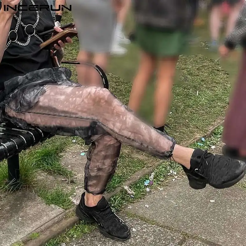 

INCERUN 2022 Handsome Well Fitting Men Cargo Trousers See-through Printed Pants Casual Male All-match Breathable Mesh Pant S-5XL