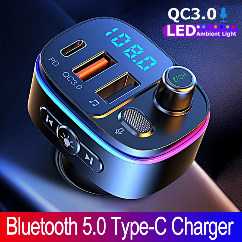 

RYWER Car Bluetooth5.0 trasmettitore FM tipo-c e QC3.0 caricatore doppio USB 7 colori atmosfera luce lettore Mp3 musica senza