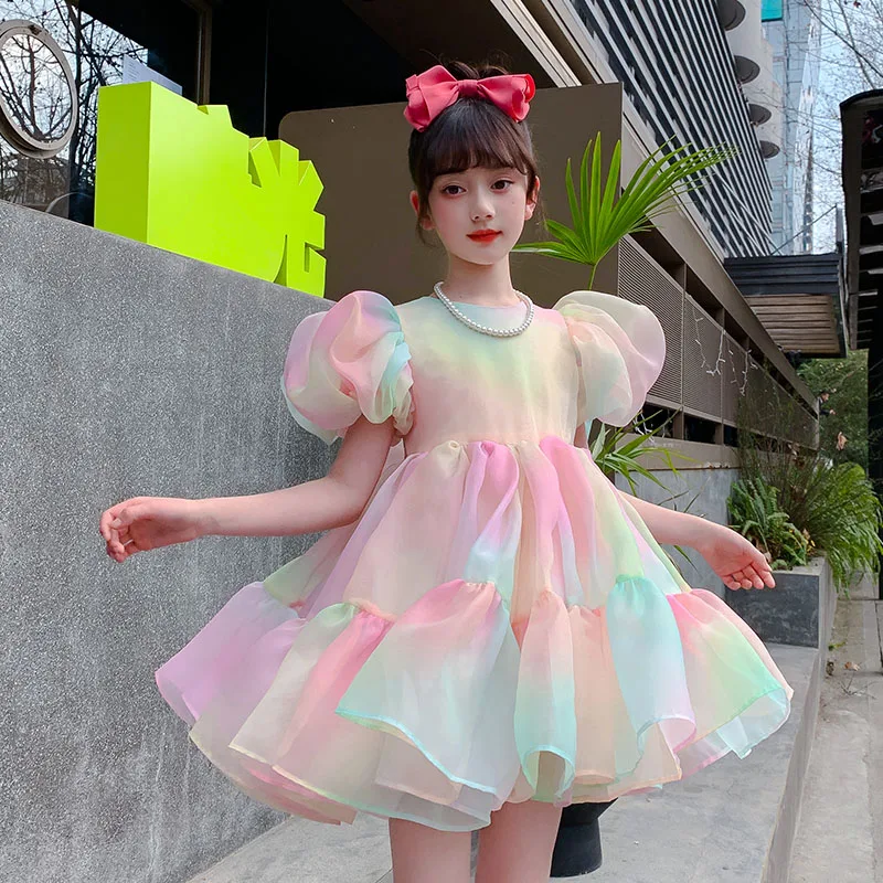 

2023 Summer Baby Dresses Girl's Rainbow Yarn Dress Puff Sleeve Bow Tutus Birthday Ball Gown Mini Party Princess Child clothing