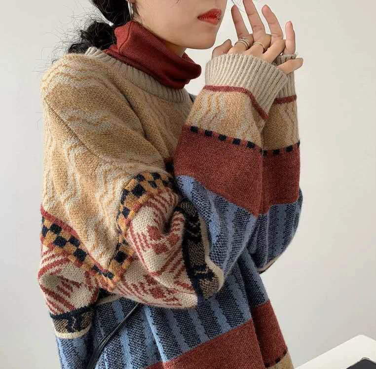 

Richkeda Store New Women Sweater Autumn Winter Vintage Sweet O-Neck Full Pullovers Geometric Keep Warm Sweaters For Women Loose