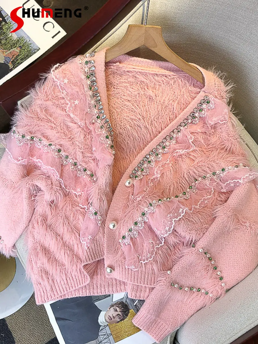 

Heavy Industry Diamond V-neck Mink Fur Knitted Cardigan Women Sweater Jacket 2022 Winter New Short Sweet Pink Lace Sweater Coat