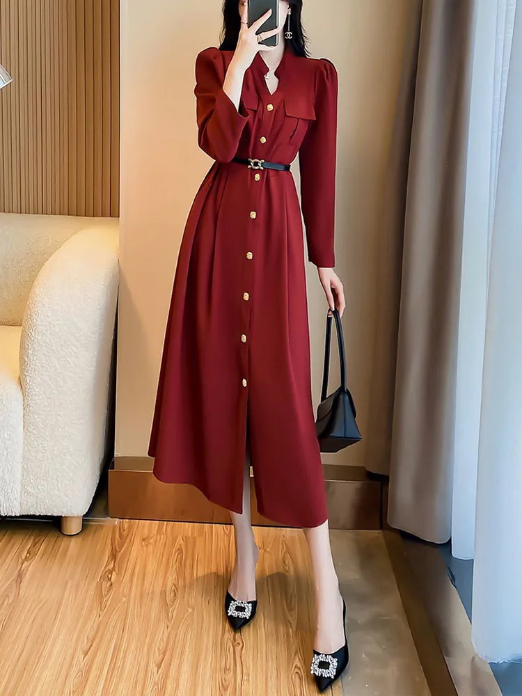 

Wine red senior sense of thin long-sleeved dress 2023y2k fashion V-neck temperament elegant ageing women's medium-length dress